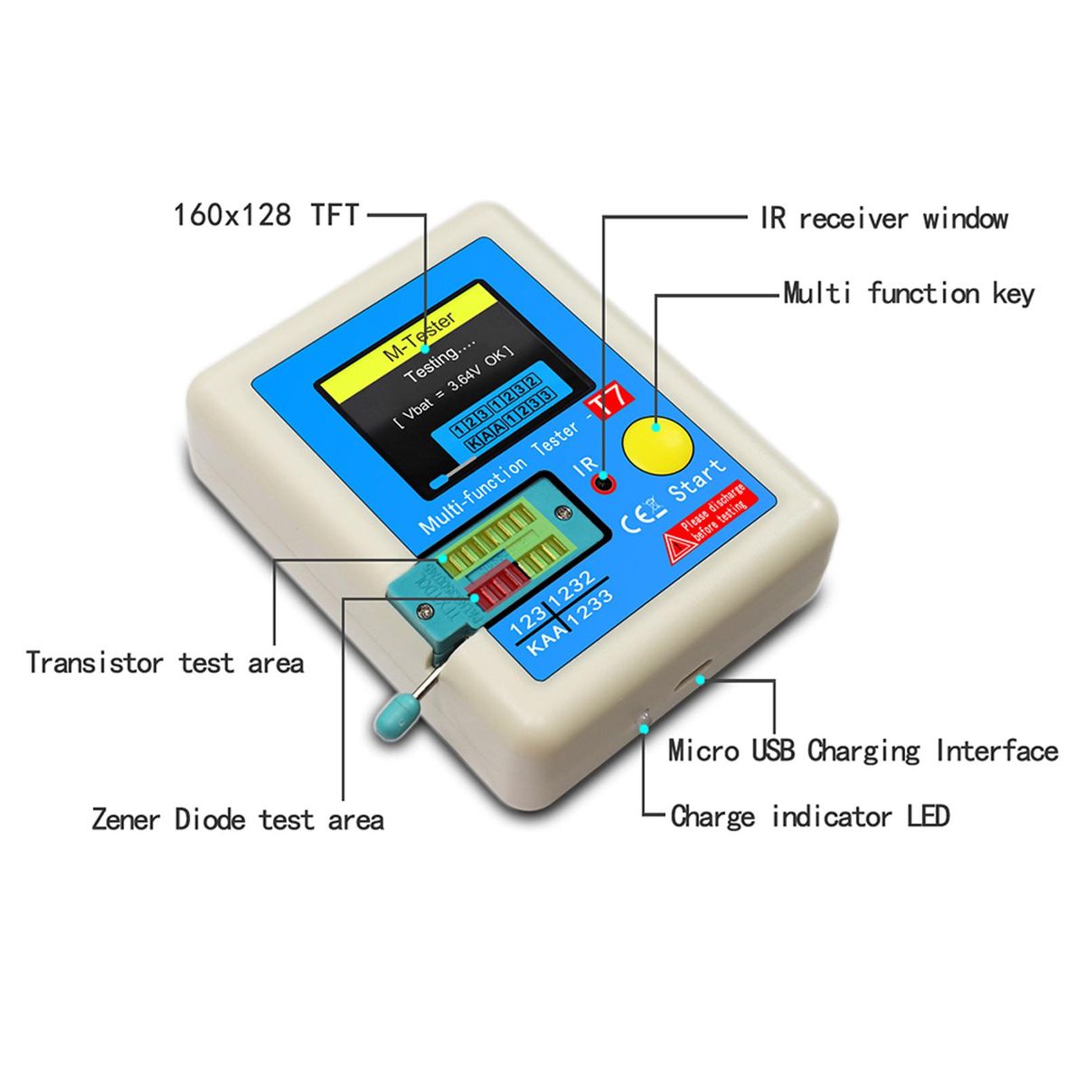 Transistor Meter LCR-T7 Multi-Function Capacitance Resistance Tester Full Color Display Transistor Meter for Diode Triode Capacitor Resistor Transistor LCR NPN PNP MOSFET