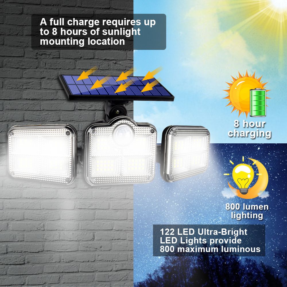 122 LED 3 Heads Rotatable Lamp  Motion Sensor Solar Lights