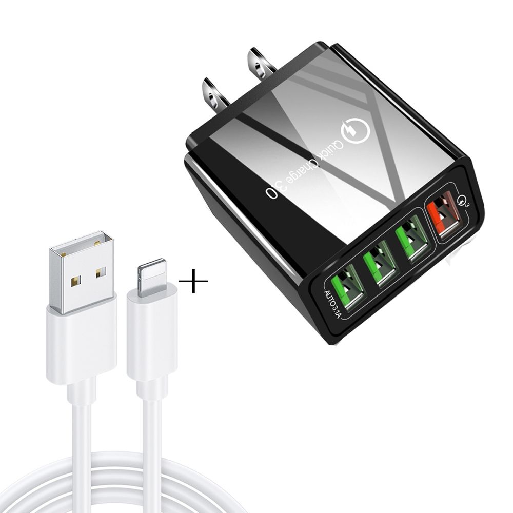 2 In 1 1m USB To 8 Pin Data Cable + 30W QC 3.0 4 USB Interfaces Mobile Phone Tablet PC Universal Quick Charger Travel Charger Set, US Plug(Black)