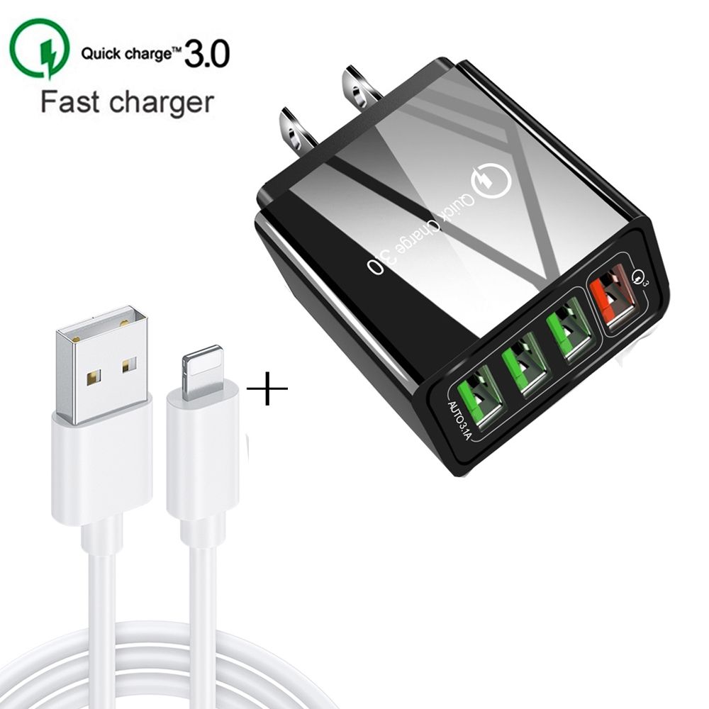 2 In 1 1m USB To 8 Pin Data Cable + 30W QC 3.0 4 USB Interfaces Mobile Phone Tablet PC Universal Quick Charger Travel Charger Set, US Plug(Black)
