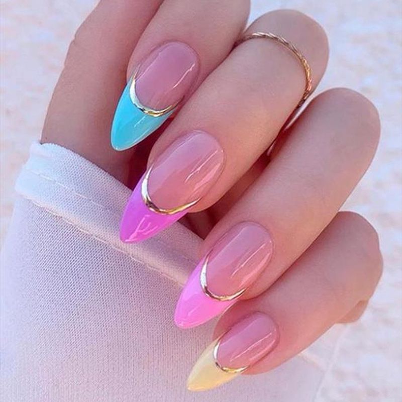 Press On Nails Short Almond Colorful French Tip Fake Nails 24pcs
