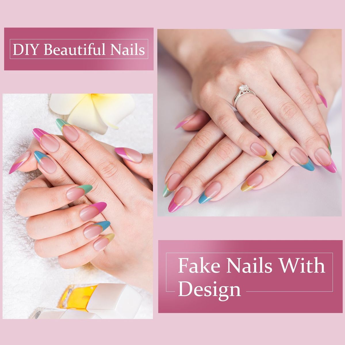 Press On Nails Short Almond Colorful French Tip Fake Nails 24pcs