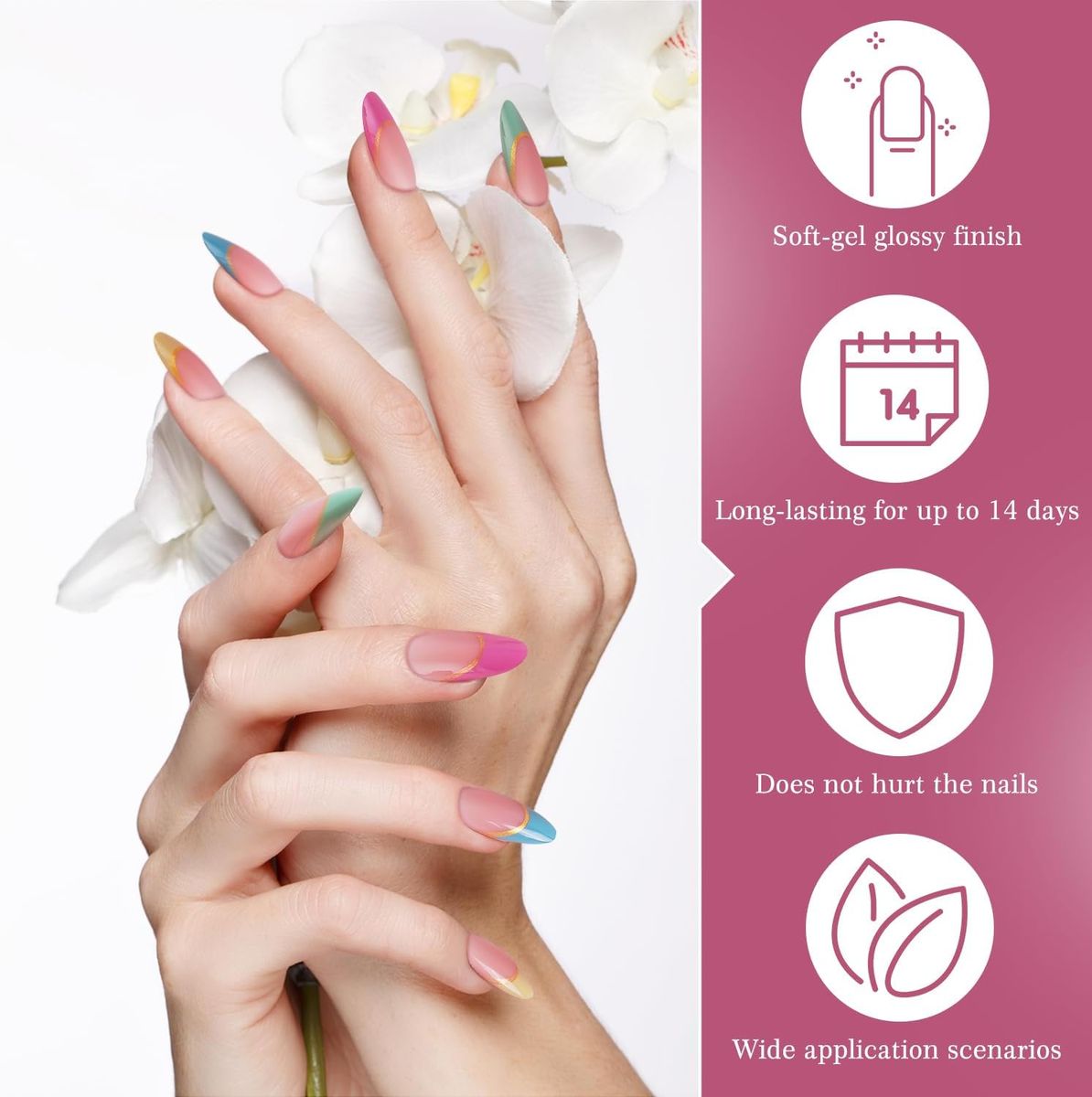 Press On Nails Short Almond Colorful French Tip Fake Nails 24pcs