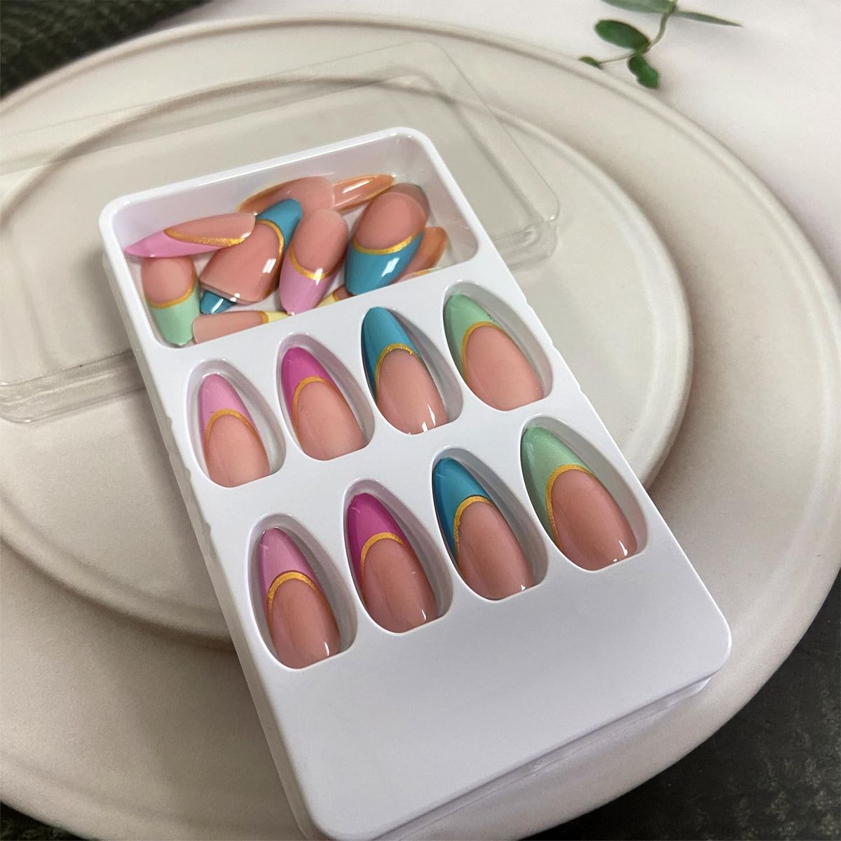 Press On Nails Short Almond Colorful French Tip Fake Nails 24pcs
