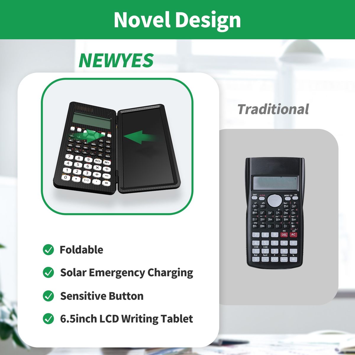Scientific Calculator With Writing Tablet 991MS 349 Functions Engineering Financial Calculator For School Students Office Solar Black