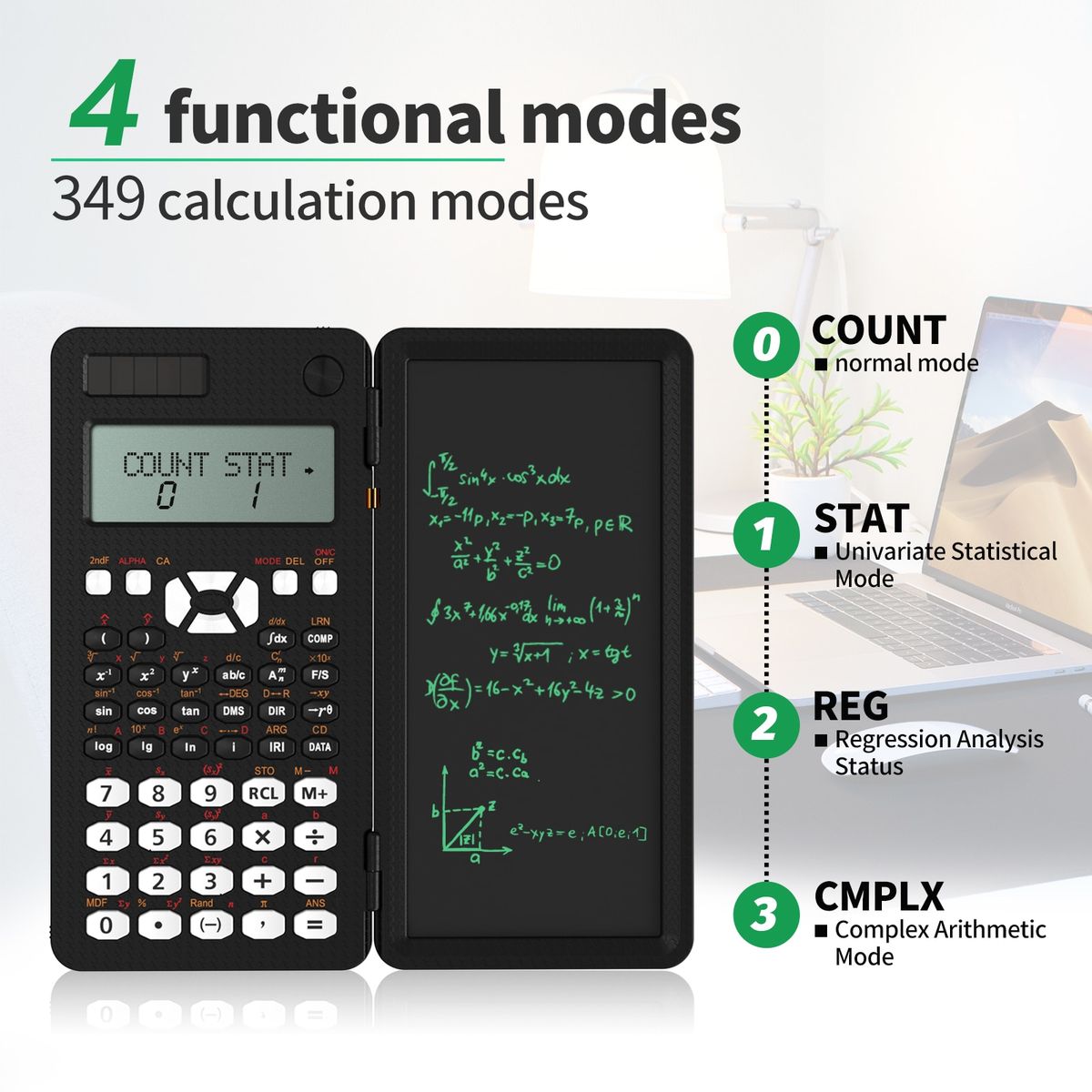 Scientific Calculator With Writing Tablet 991MS 349 Functions Engineering Financial Calculator For School Students Office Solar Black