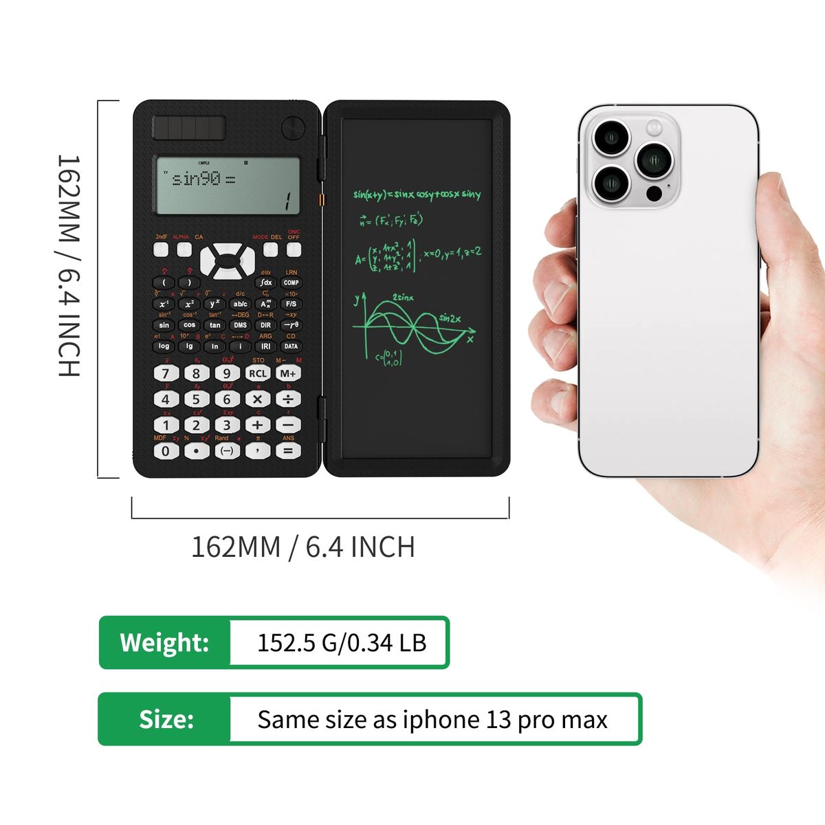 Scientific Calculator With Writing Tablet 991MS 349 Functions Engineering Financial Calculator For School Students Office Solar Black