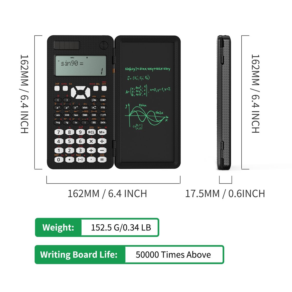 Scientific Calculator With Writing Tablet 991MS 349 Functions Engineering Financial Calculator For School Students Office Solar Black