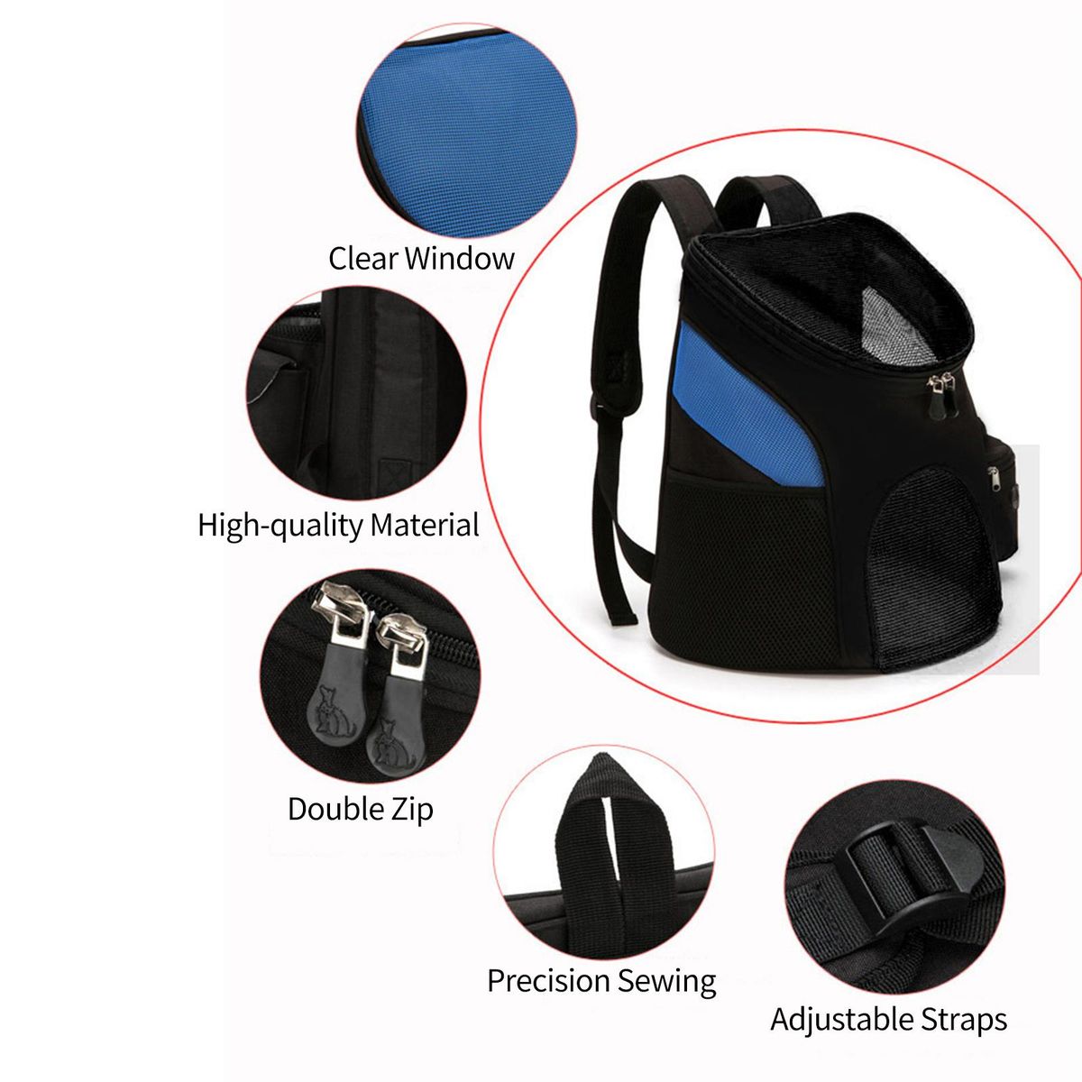 Pet Backpack Dog Cat Carrier with Double Zip Clear Window Side Pockets Pet Travel Shoulder Bag Top Open Doors for Comfortable Travelling Hiking Outdoor Use