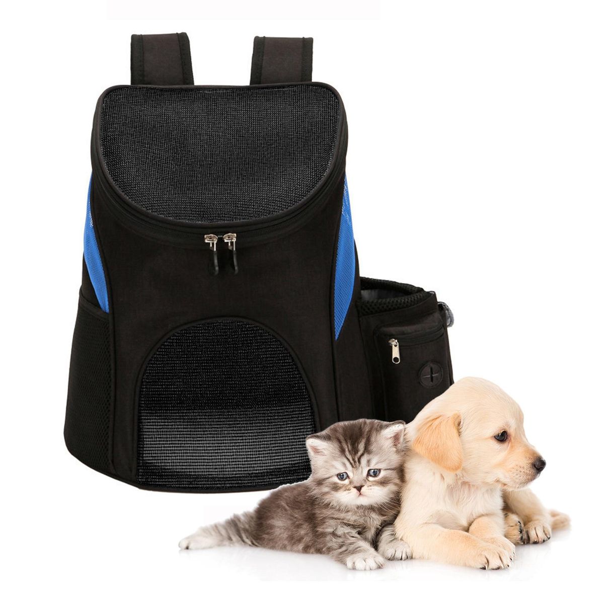 Pet Backpack Dog Cat Carrier with Double Zip Clear Window Side Pockets Pet Travel Shoulder Bag Top Open Doors for Comfortable Travelling Hiking Outdoor Use
