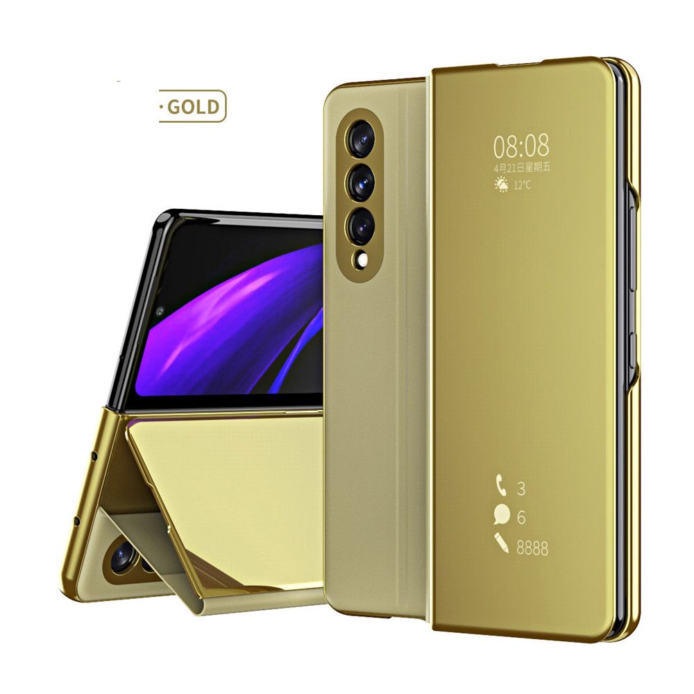 Smart Mirror Flip Cover For Samsung Galaxy Z Fold3 5G Case Magnetic Shell Z Fold 3 Folder ZFold 3 ZFold3 Stand Protective Coque-Gold