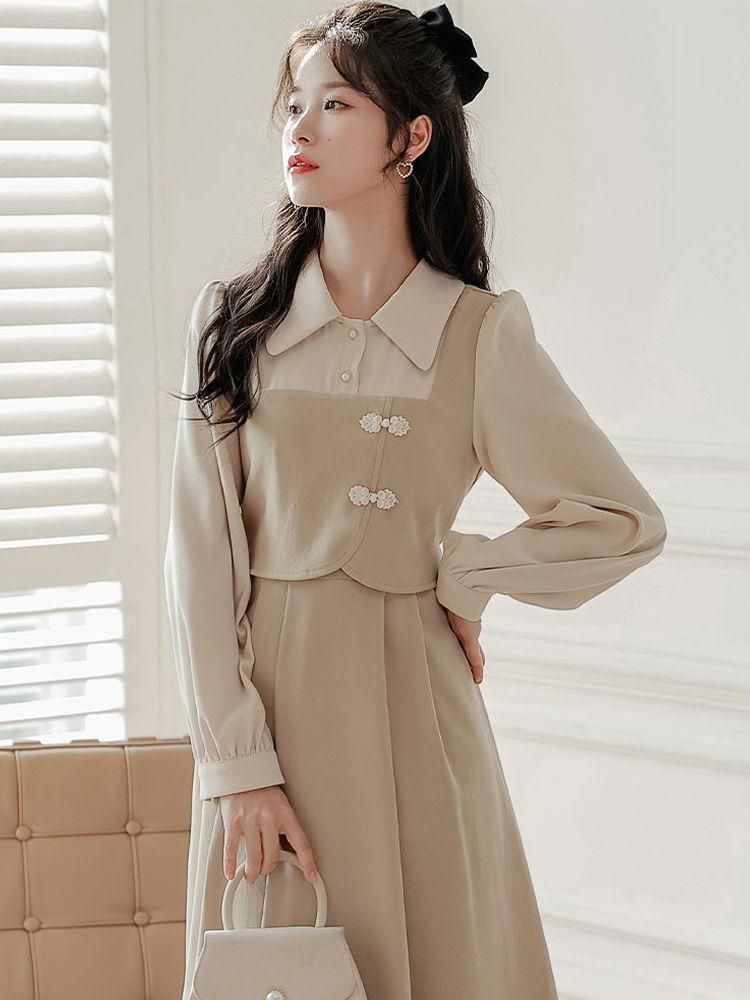 High-End False Two-Piece Patchwork Long-Sleeved Dress for Women Korean Style Slimming Waist-Tight Hepburn Style French Style Mid-Length Skirt Fashion