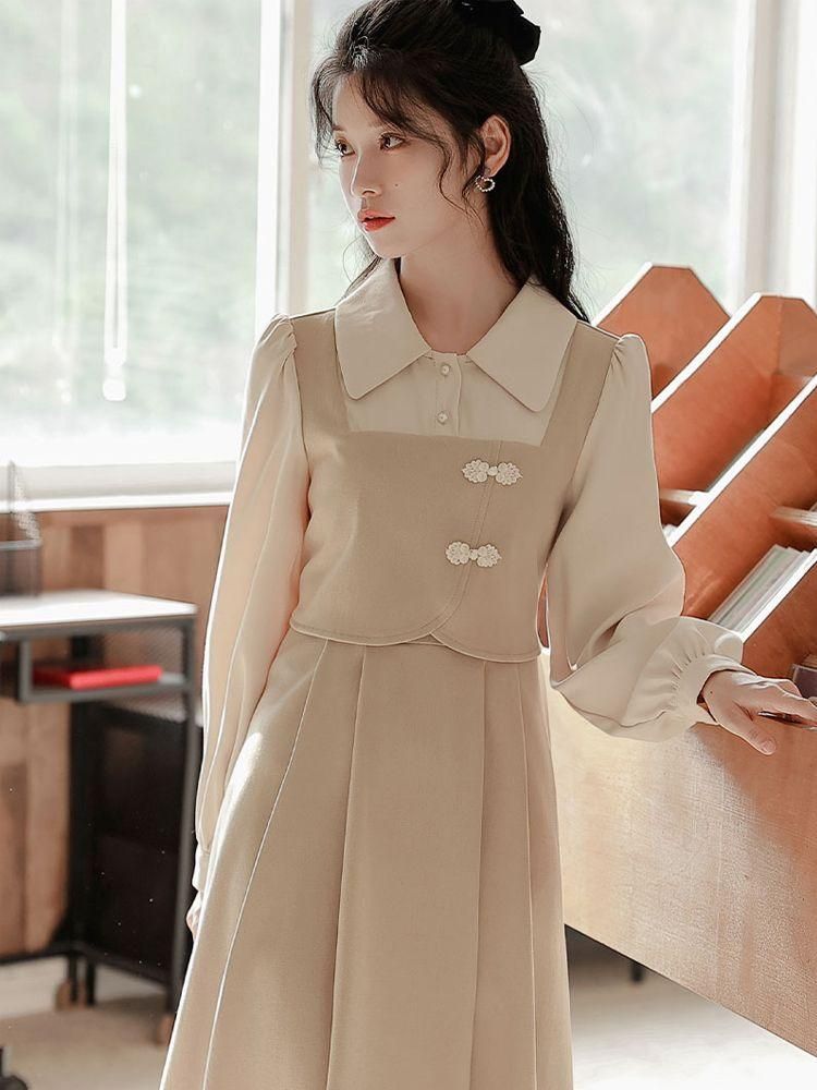 High-End False Two-Piece Patchwork Long-Sleeved Dress for Women Korean Style Slimming Waist-Tight Hepburn Style French Style Mid-Length Skirt Fashion