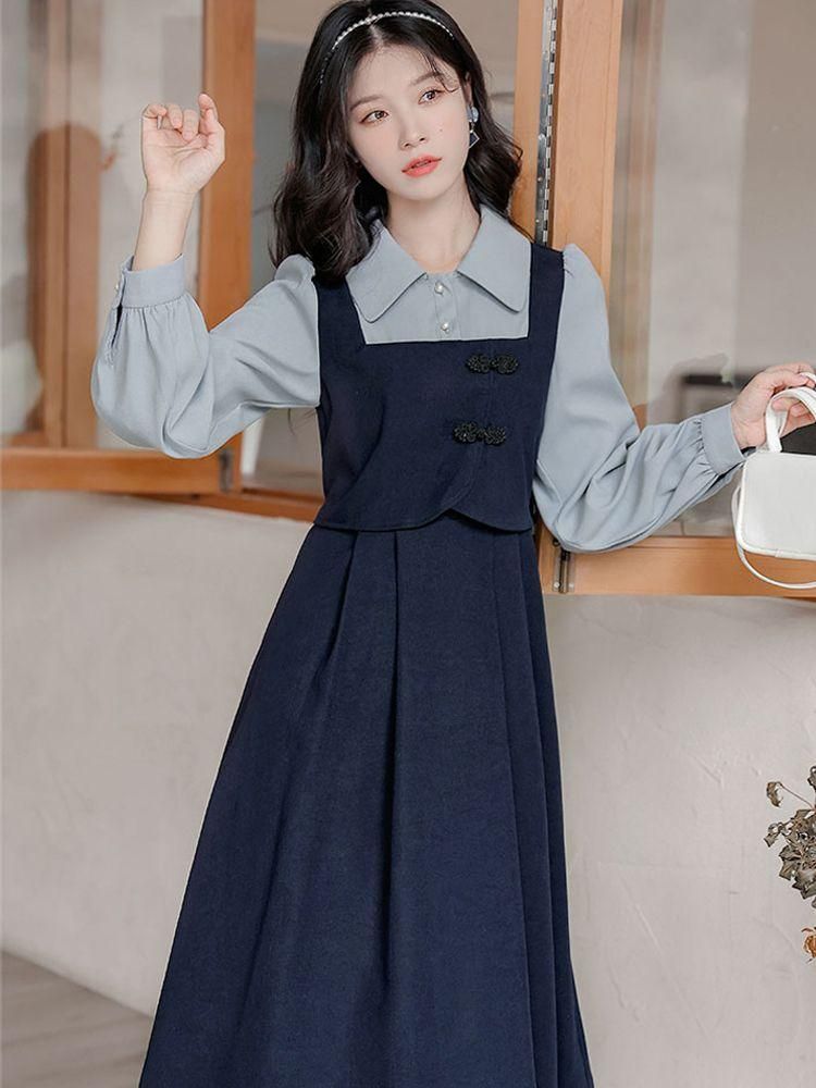 High-End False Two-Piece Patchwork Long-Sleeved Dress for Women Korean Style Slimming Waist-Tight Hepburn Style French Style Mid-Length Skirt Fashion