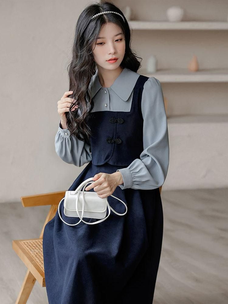 High-End False Two-Piece Patchwork Long-Sleeved Dress for Women Korean Style Slimming Waist-Tight Hepburn Style French Style Mid-Length Skirt Fashion