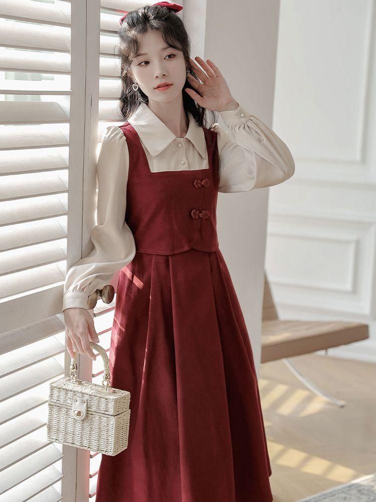 High-End False Two-Piece Patchwork Long-Sleeved Dress for Women Korean Style Slimming Waist-Tight Hepburn Style French Style Mid-Length Skirt Fashion