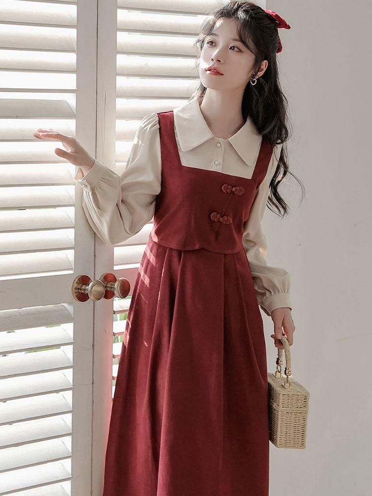 High-End False Two-Piece Patchwork Long-Sleeved Dress for Women Korean Style Slimming Waist-Tight Hepburn Style French Style Mid-Length Skirt Fashion