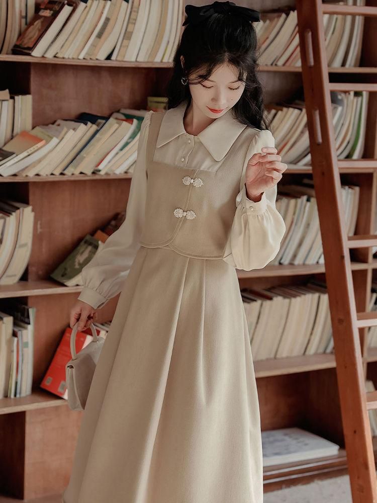 High-End False Two-Piece Patchwork Long-Sleeved Dress for Women Korean Style Slimming Waist-Tight Hepburn Style French Style Mid-Length Skirt Fashion