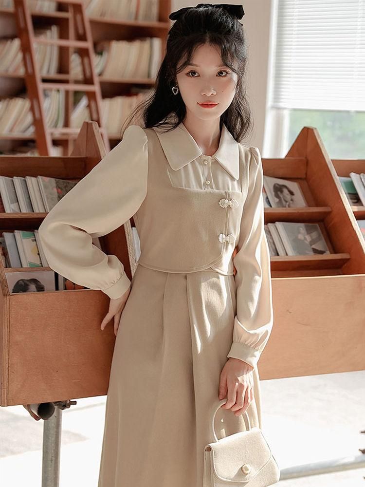 High-End False Two-Piece Patchwork Long-Sleeved Dress for Women Korean Style Slimming Waist-Tight Hepburn Style French Style Mid-Length Skirt Fashion