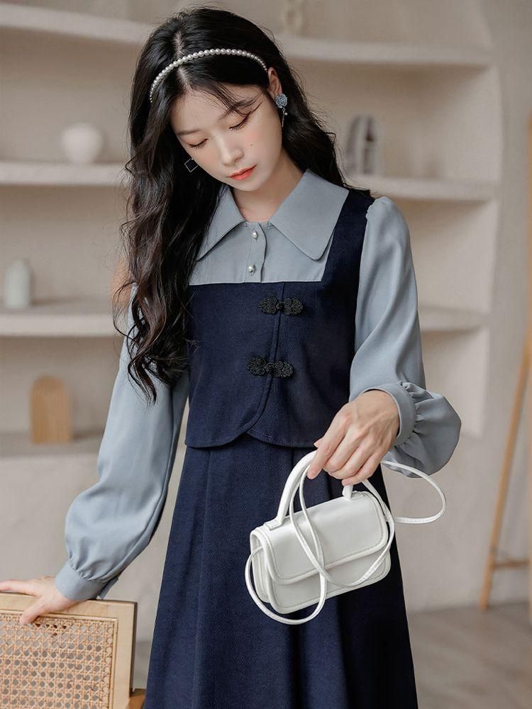 High-End False Two-Piece Patchwork Long-Sleeved Dress for Women Korean Style Slimming Waist-Tight Hepburn Style French Style Mid-Length Skirt Fashion