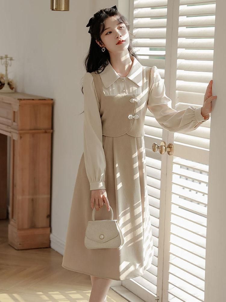 High-End False Two-Piece Patchwork Long-Sleeved Dress for Women Korean Style Slimming Waist-Tight Hepburn Style French Style Mid-Length Skirt Fashion