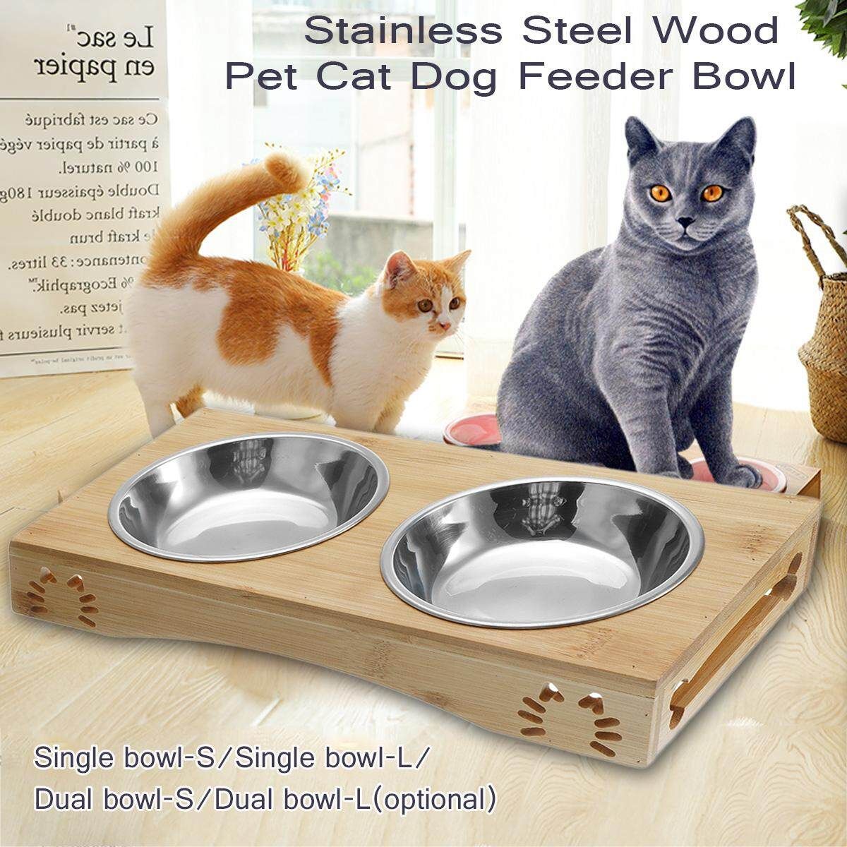 Stainless Steel Wood Double Pet Bowl Dog Cat Twin Dish Water Food Feeder Station Dual Bowl-S Stainless Steel Double Bowl Small