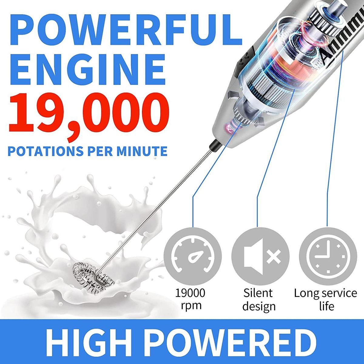 Milk Frother Quiet Hand Held Frother Whisk High Powered Mini Blender Electric Foam Maker Mixer Blender