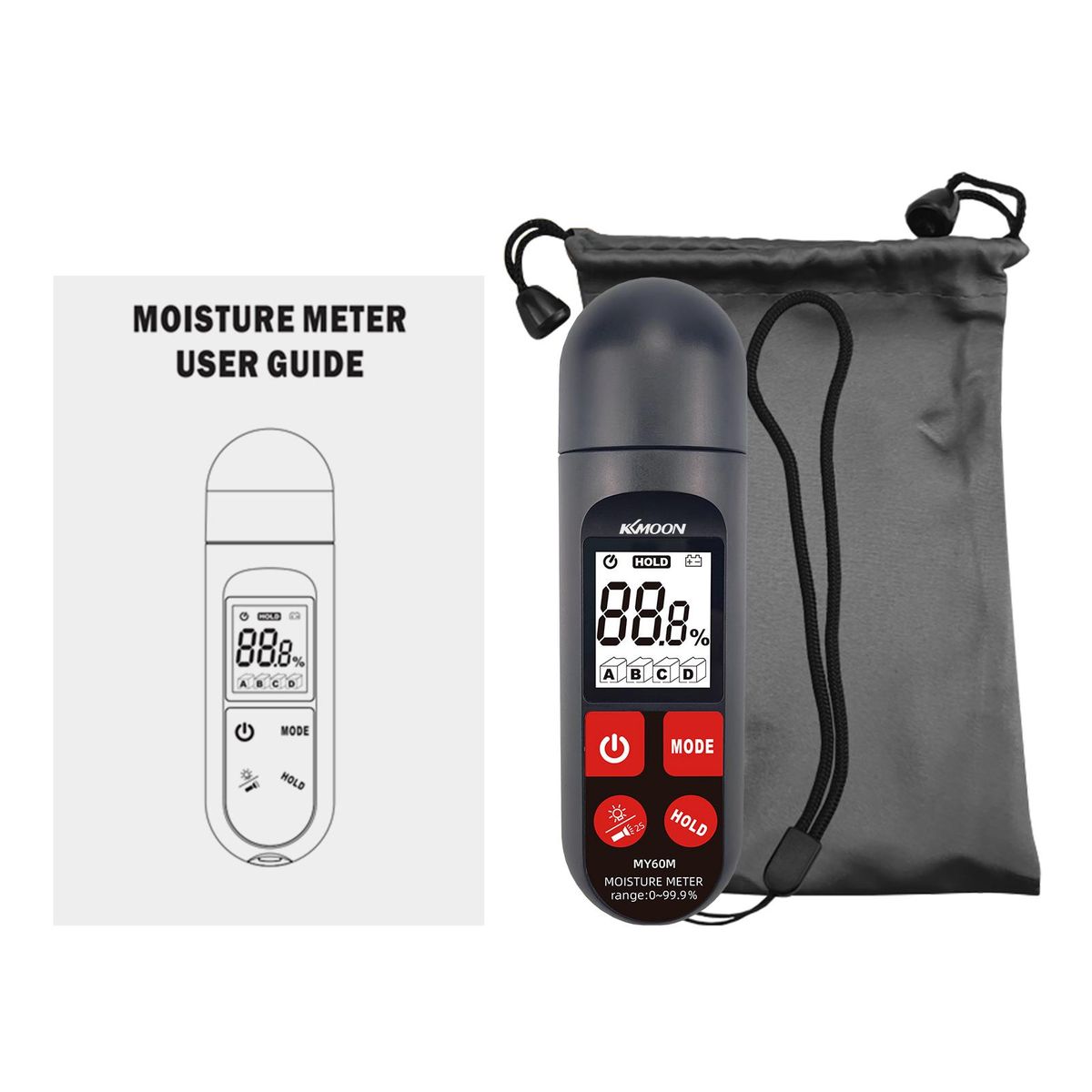 KKmoon MY60M Digital Wood Moisture Meter Pin Type LCD Backlit 4 Modes Portable Wood Moisture Tester with Flashlight for 100 Wood Species Firewood Building Material