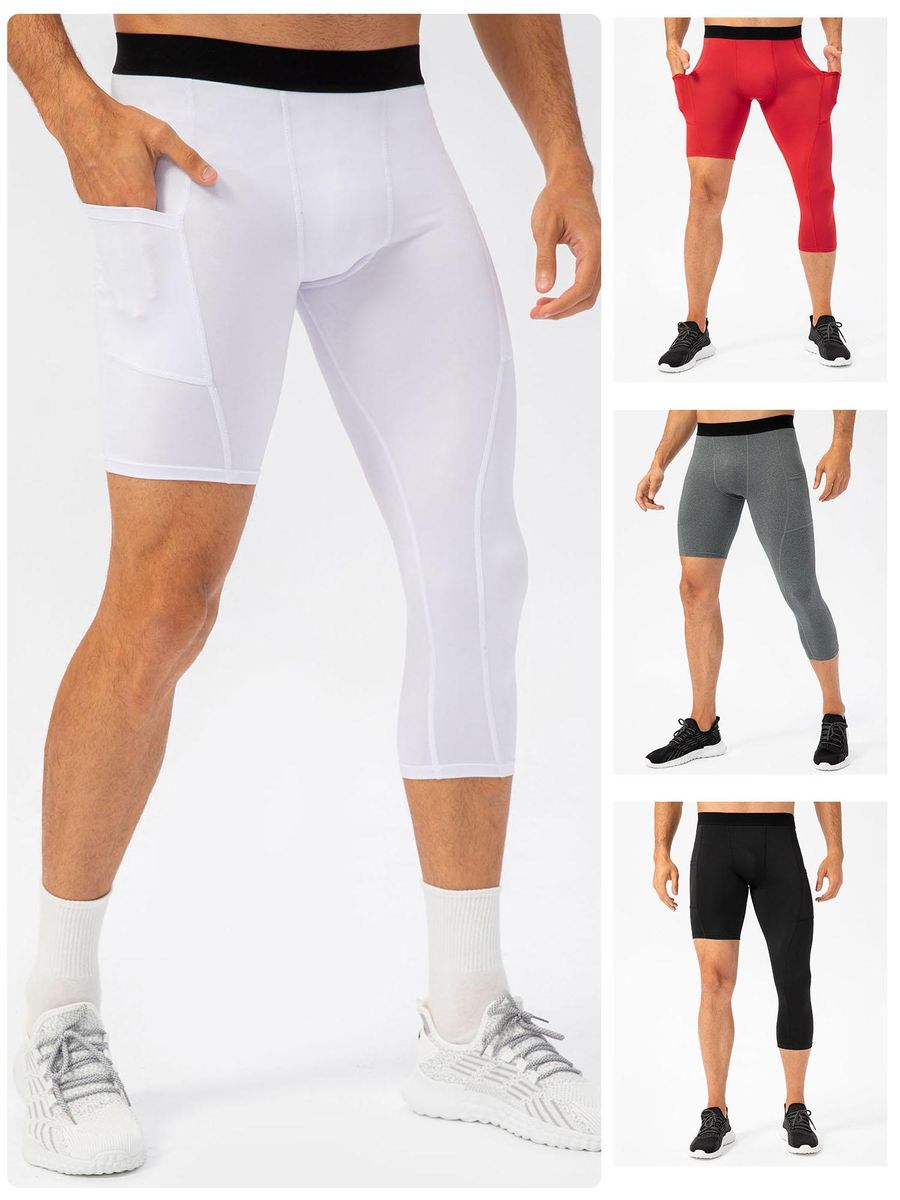Men One Leg Leggings for Basketball Side Pockets Fitness Training Single Leg Tights