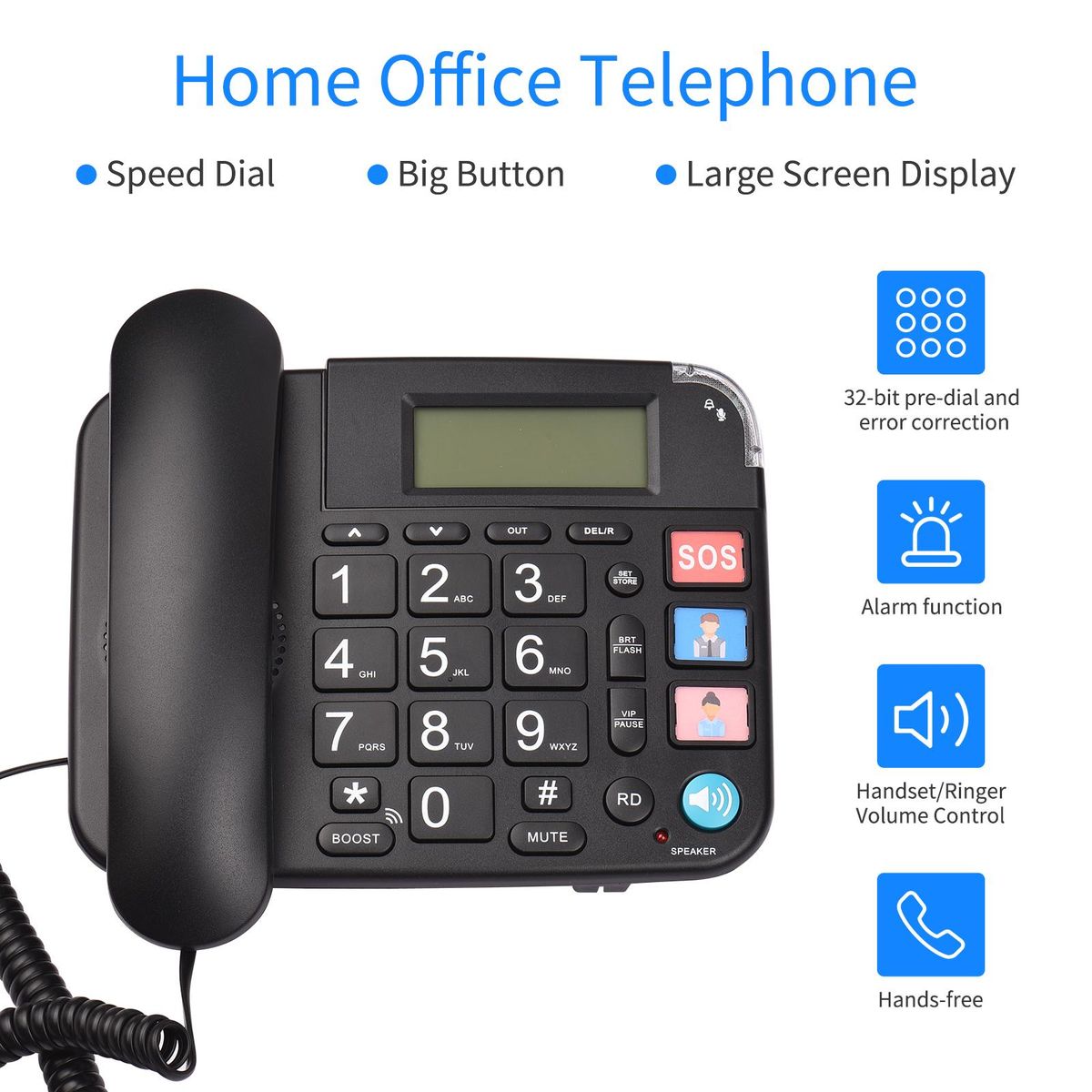 Black Corded Phone with Big Button Desk Landline Phone Telephone Support Hands-Free/Redial/Flash/Speed Dial/Ring Volume Control for Elderly Seniors Home Office Business Hotel