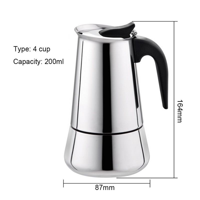 100ml/200ml/300ml/450ml/600ml Portable Espresso Moka Coffee Maker Pot Stainless Steel Coffee Brewer Kettle Pot For Pro Barista(#200ml For 4 Cup) YUA