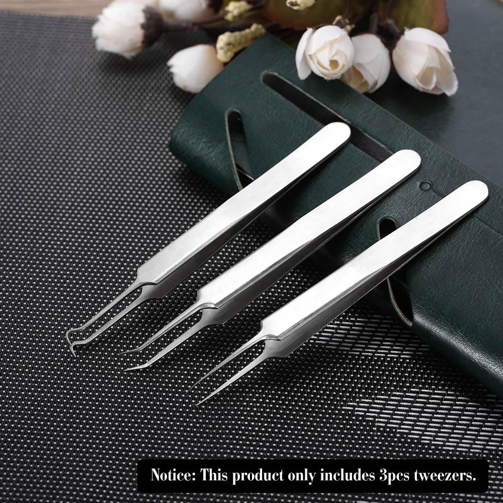 3pcs Acne Clip Facial Pimple Comedone Nippers Curved Straight Blackhead Tweezer Set Stainless Steel Blemish Tools