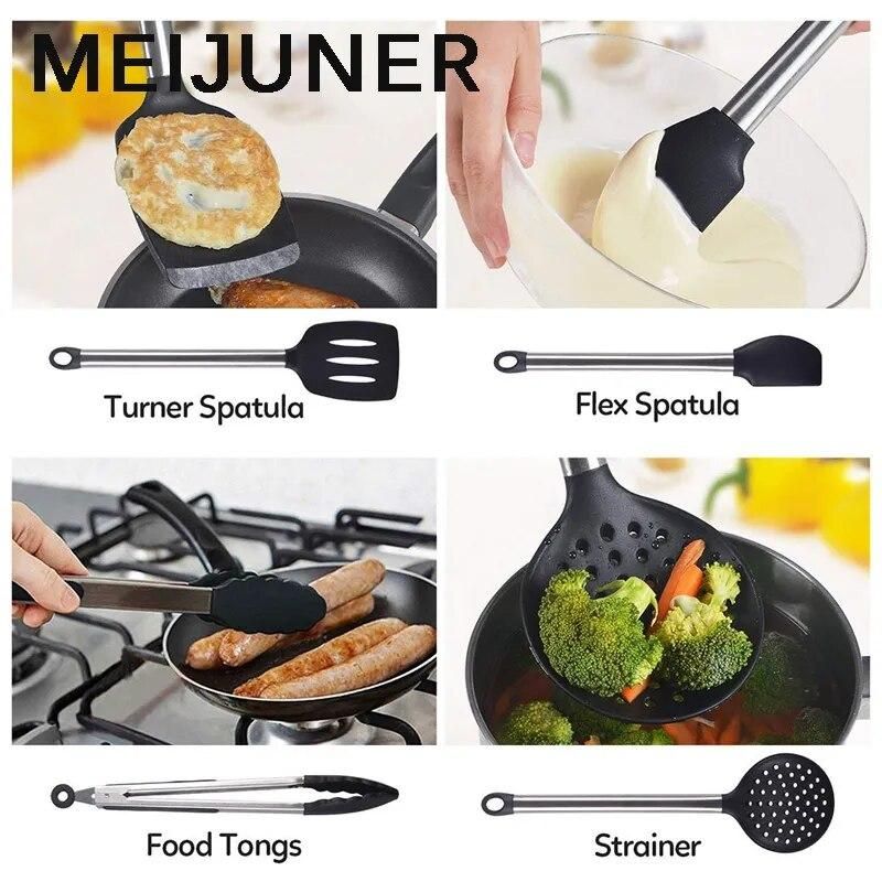 Meijuner 9Pcs Kitchen Silicone Tools Cook Tools Kitchen Gadgets Cooking Tool Egg Beater Spoon Spatula Brush Kitchenware  MJ272