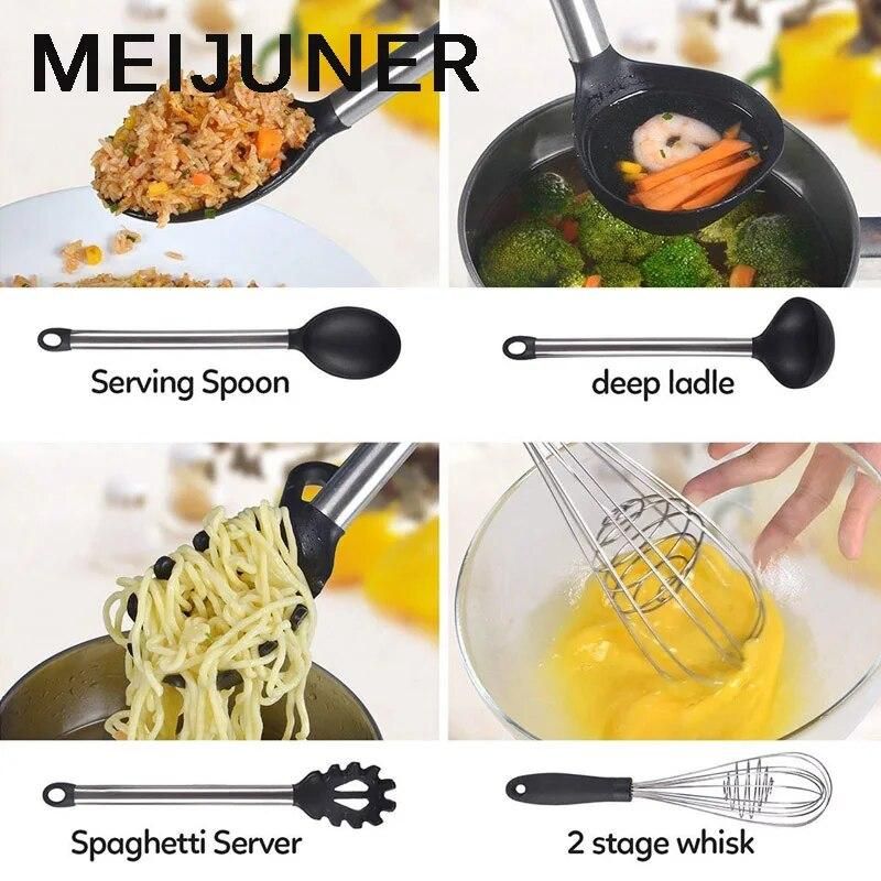 Meijuner 9Pcs Kitchen Silicone Tools Cook Tools Kitchen Gadgets Cooking Tool Egg Beater Spoon Spatula Brush Kitchenware  MJ272
