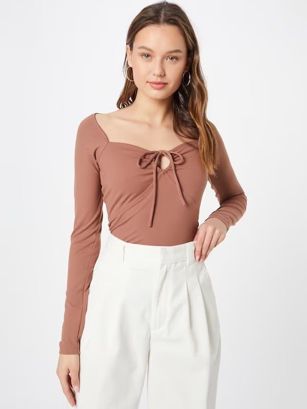 Seamless Knit Tie-Front V-Neck Long Sleeves Bodysuit- Brown