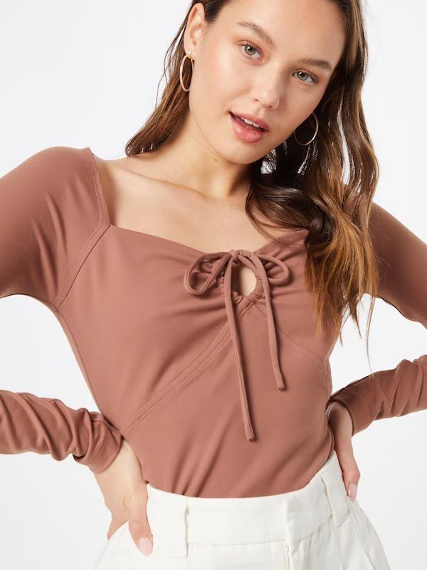 Seamless Knit Tie-Front V-Neck Long Sleeves Bodysuit- Brown