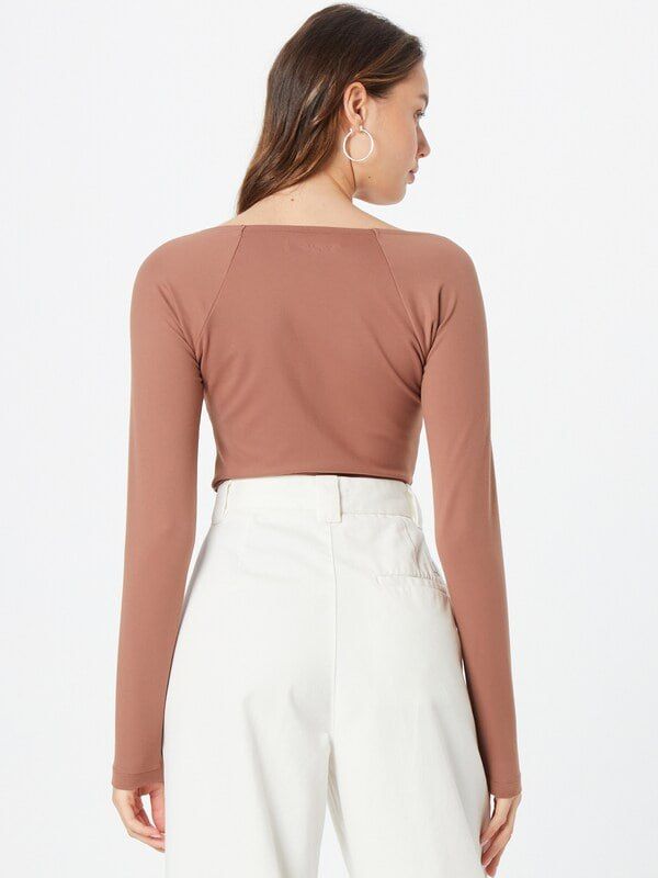 Seamless Knit Tie-Front V-Neck Long Sleeves Bodysuit- Brown