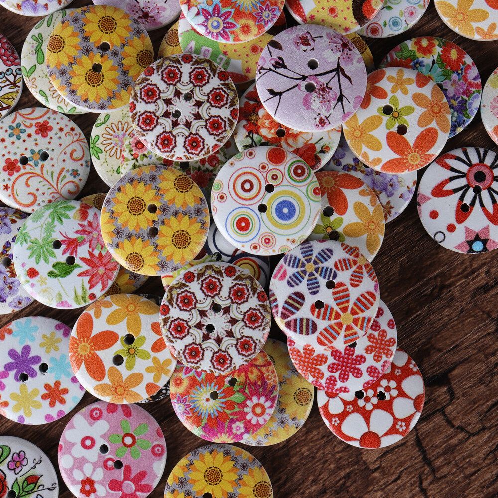 100 Pcs 25mm Decoration Sewing Buttons 2 Holes Mixed Printing Round Pattern Wood Buttons