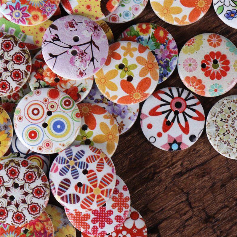 100 Pcs 25mm Decoration Sewing Buttons 2 Holes Mixed Printing Round Pattern Wood Buttons