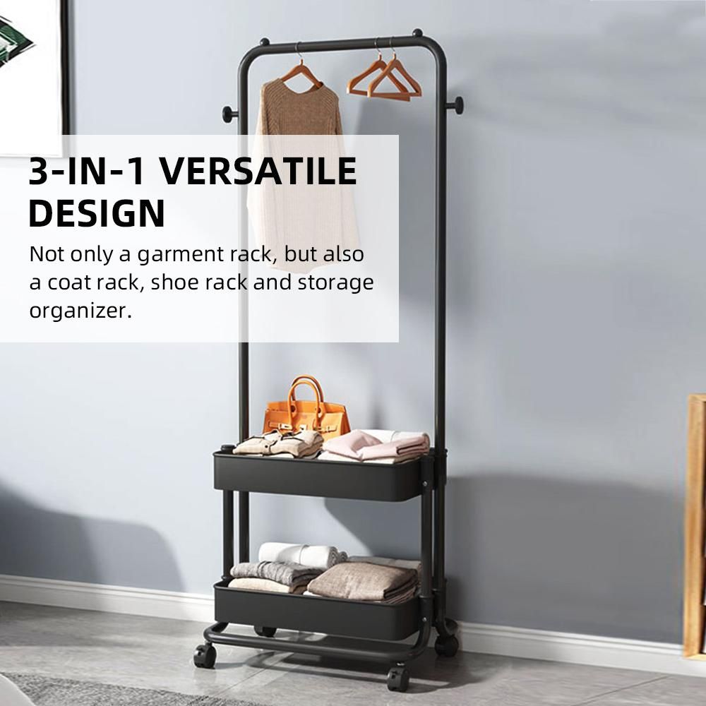 3-in-1 Garment Rack Shoe Rack Clothing Rack with 2 Tiers Basket and 2 Side Hooks Movable Storage Cart for Living Room Bedroom Dressing Room Entryway Black