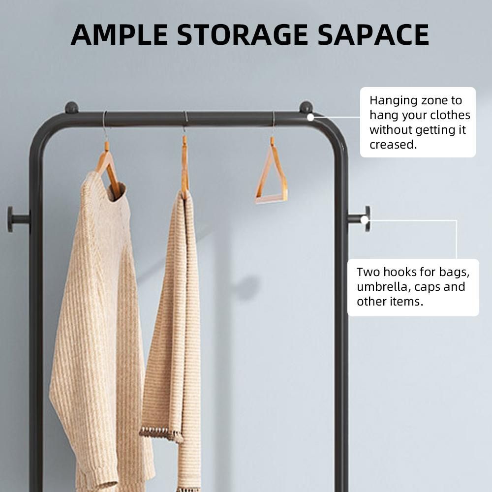 3-in-1 Garment Rack Shoe Rack Clothing Rack with 2 Tiers Basket and 2 Side Hooks Movable Storage Cart for Living Room Bedroom Dressing Room Entryway Black