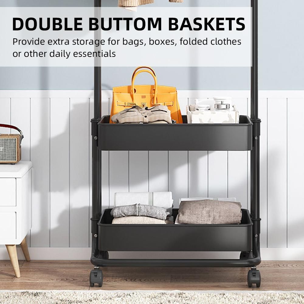 3-in-1 Garment Rack Shoe Rack Clothing Rack with 2 Tiers Basket and 2 Side Hooks Movable Storage Cart for Living Room Bedroom Dressing Room Entryway Black