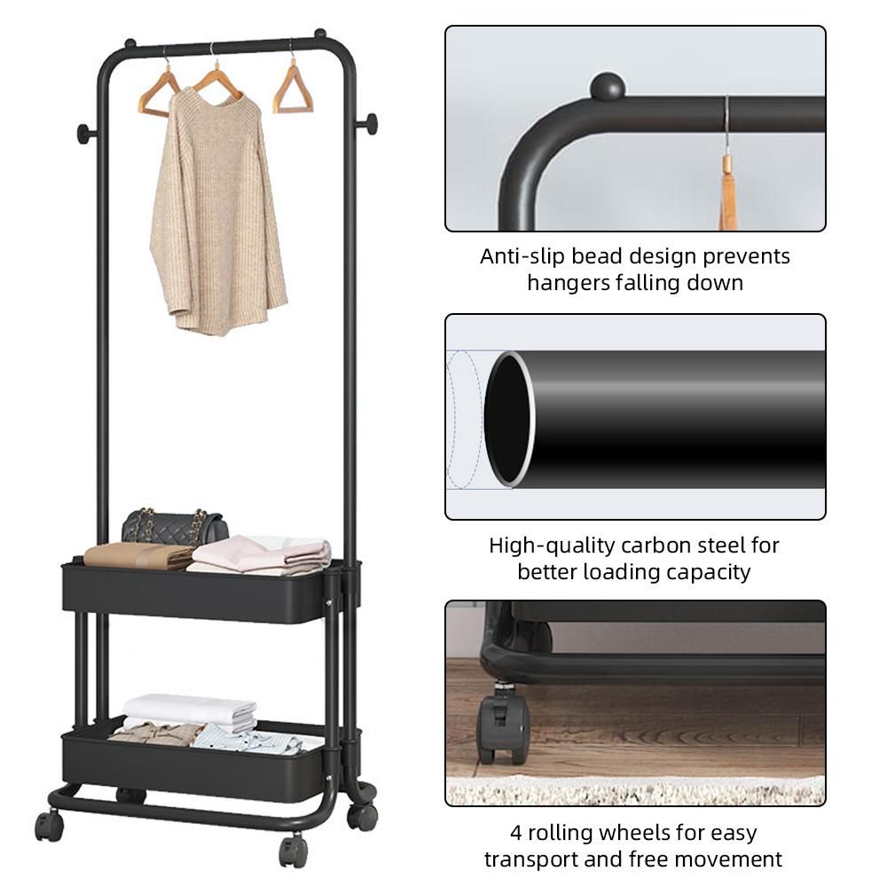 3-in-1 Garment Rack Shoe Rack Clothing Rack with 2 Tiers Basket and 2 Side Hooks Movable Storage Cart for Living Room Bedroom Dressing Room Entryway Black