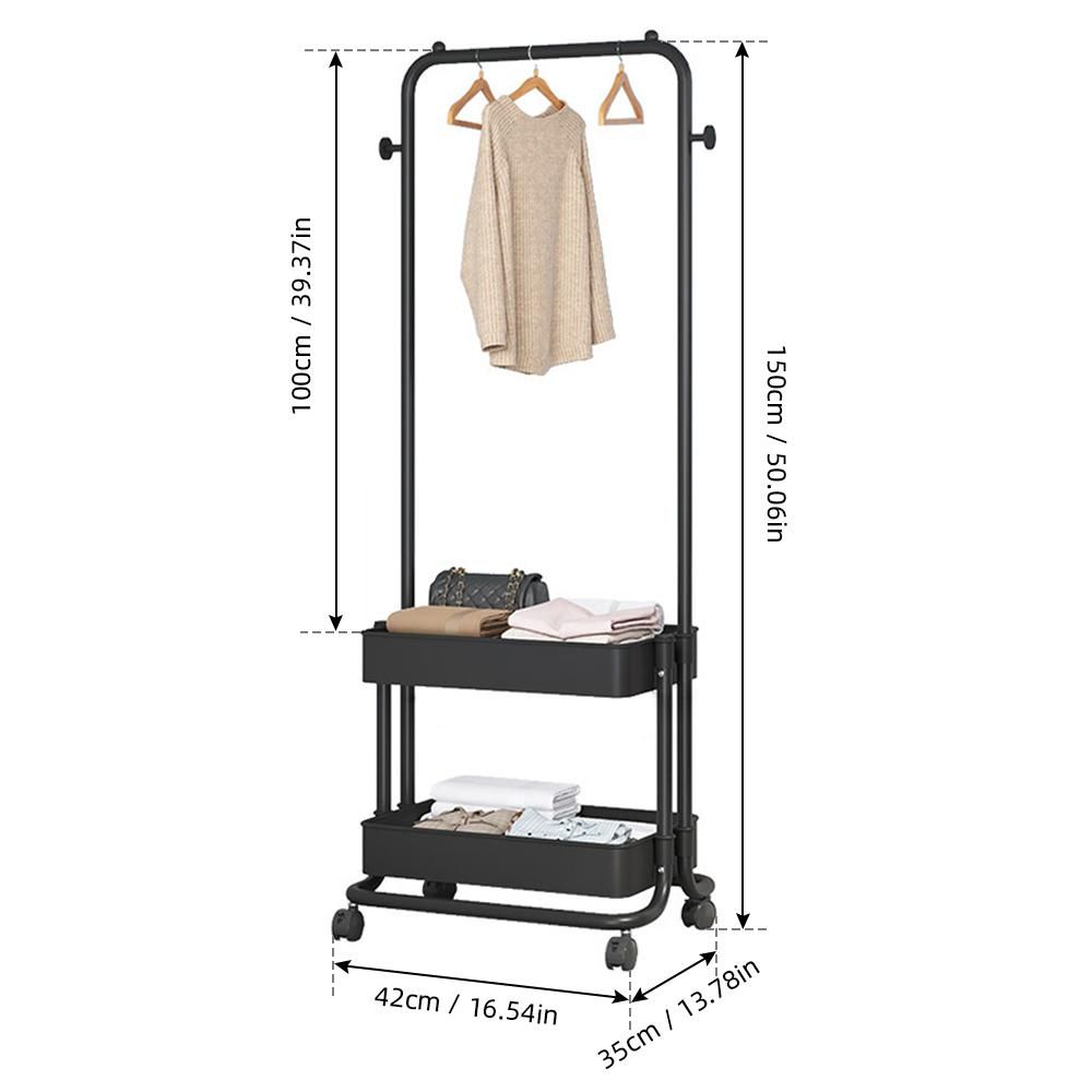 3-in-1 Garment Rack Shoe Rack Clothing Rack with 2 Tiers Basket and 2 Side Hooks Movable Storage Cart for Living Room Bedroom Dressing Room Entryway Black