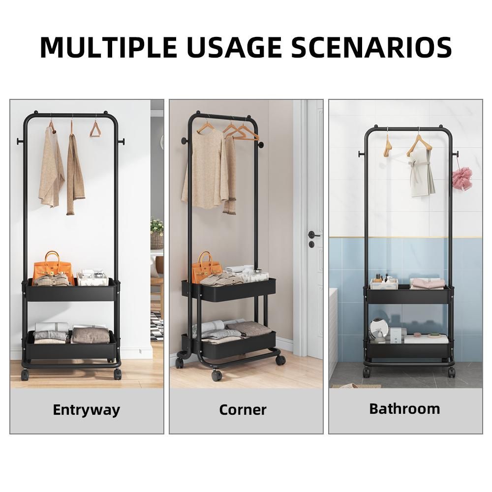 3-in-1 Garment Rack Shoe Rack Clothing Rack with 2 Tiers Basket and 2 Side Hooks Movable Storage Cart for Living Room Bedroom Dressing Room Entryway Black