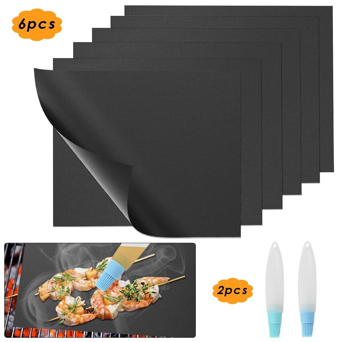6Pcs Grill Mat Non-Stick Heat-Resistant Grill Mat with Two Oil Brushes for Barbecue, Easy to Clean & Reusable - 15.7x19.7