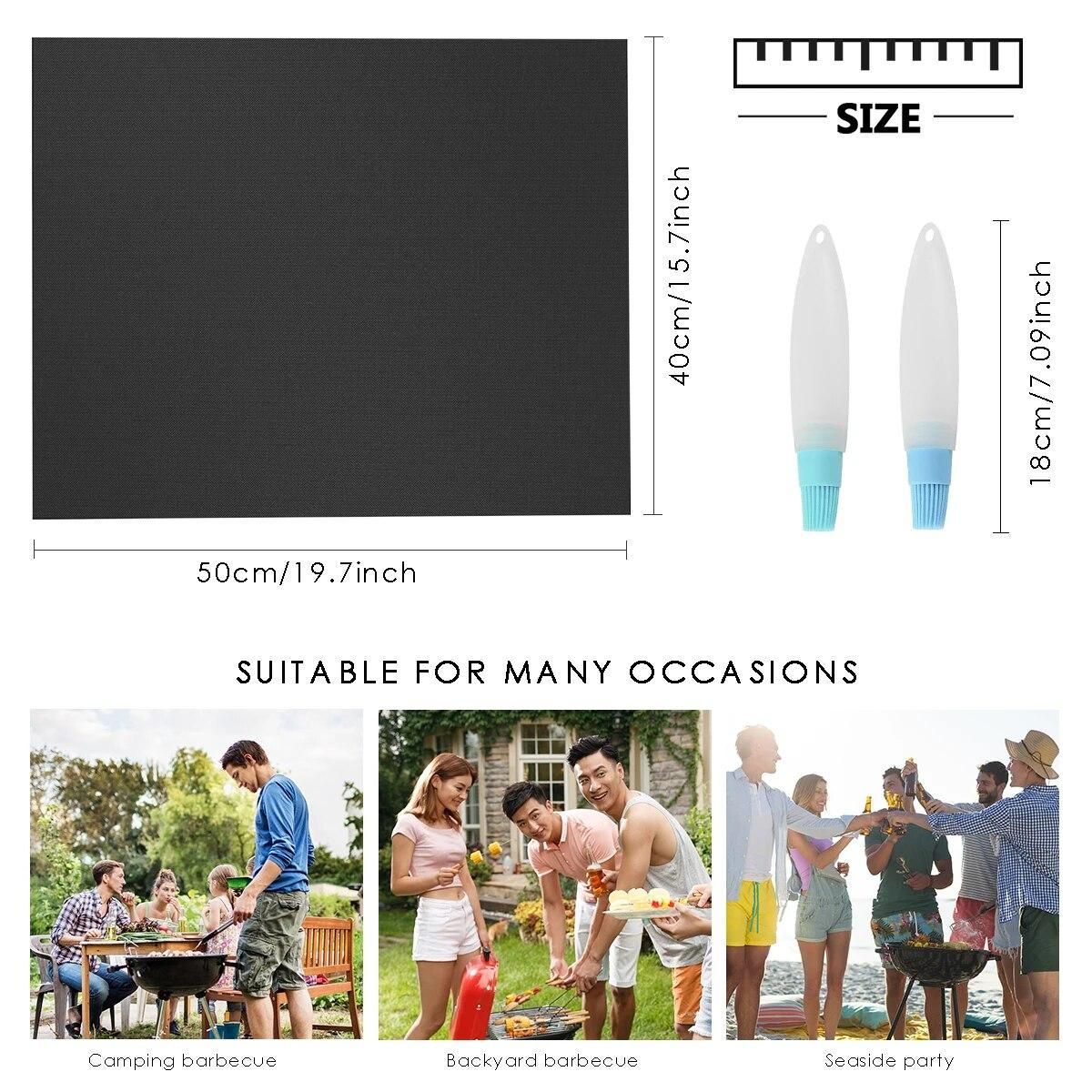 6Pcs Grill Mat Non-Stick Heat-Resistant Grill Mat with Two Oil Brushes for Barbecue, Easy to Clean & Reusable - 15.7x19.7"