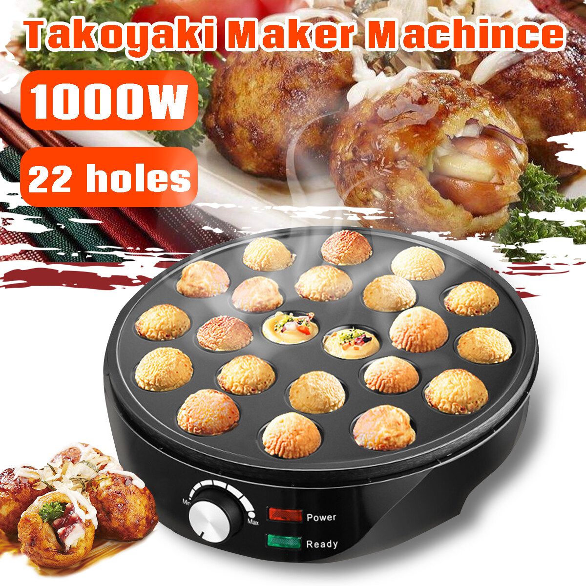 1000W 22Holes Electric Takoyaki Maker Machince Snacks Grill Pan Baking Kitchen