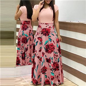 Two Pieces Dress Women Short Sleeve Robe Long Flower Floral