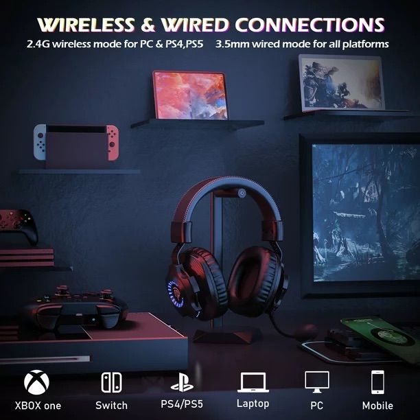 EasySMX 2.4G Wireless Gaming Headset For PC/ MAC/ PS4/ PS5 Over-Ear Gaming Headphones With 7.1 Surround Deep Bass Detachable Noise Cancellation Microphone RGB Gradient Lighting Memory Foam , Black